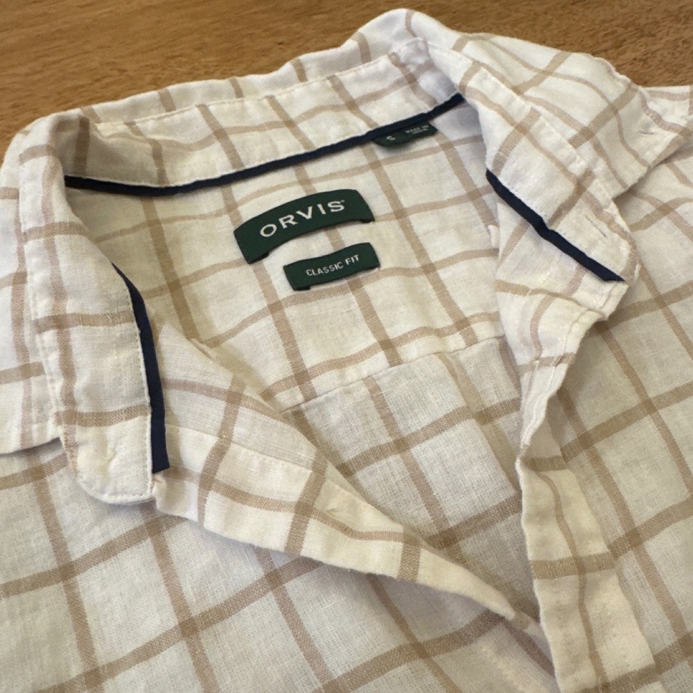 Orvis Mens Classic Fit Short Sleeve Linen Blend Windowpane Check Shirt Tan Small
